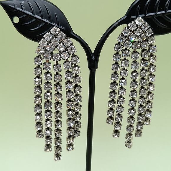 Vintage Clear Rhinestone Fringe Post Earrings, 1980s, 2 1/2 Inches - Picture 1 of 9